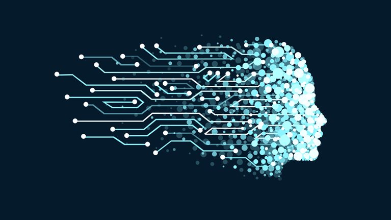 A illustration of a face made of digital particles as symbol of artificial intelligence
