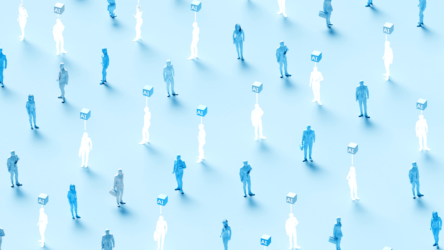 Pattern of blue and white human figures spaced apart, some marked with “AI” labels above them.