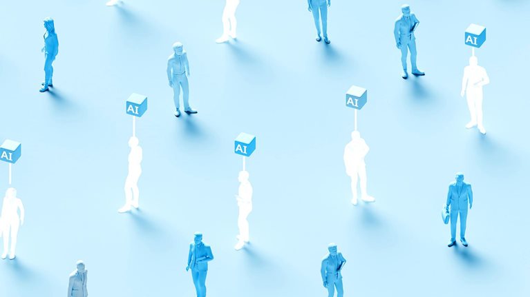 Pattern of blue and white human figures spaced apart, some marked with “AI” labels above them.