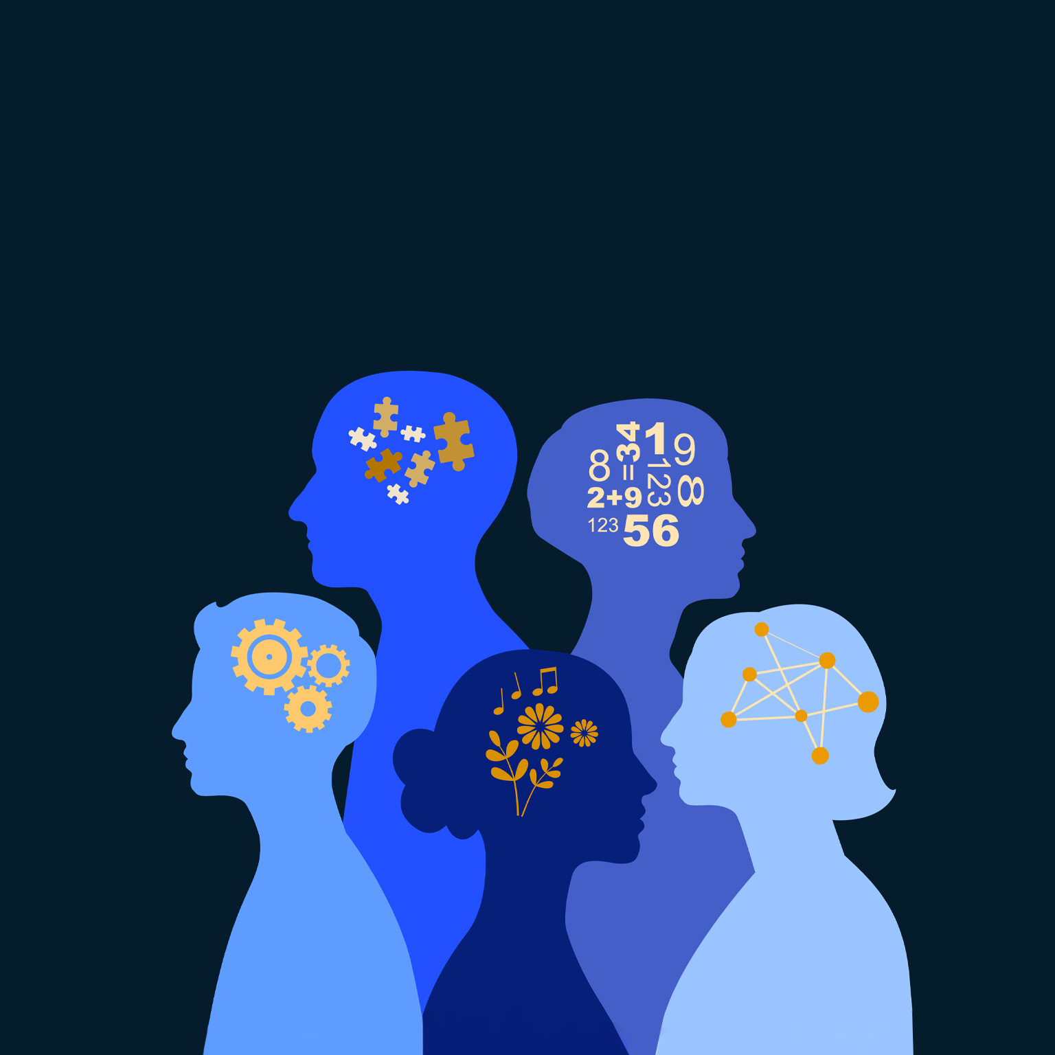 Illustration of five heads in profile, each containing a distinct abstract symbol that represents varying thought processes.