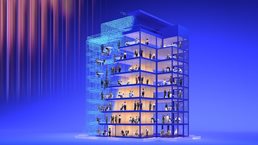 Abstract animation of small business figures working together in an open space as a luminous building gradually assembles from swirling pixels around them, representing AI evolving into a supportive structure that enables efficiency and success.