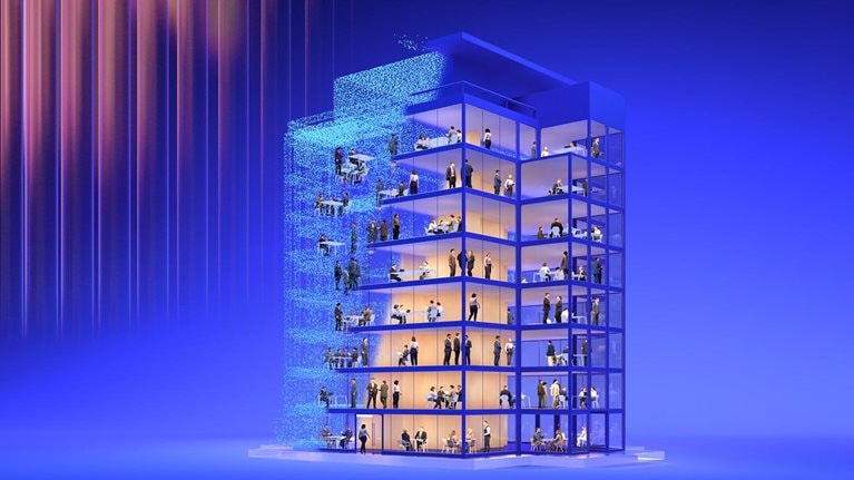 Abstract animation of small business figures working together in an open space as a luminous building gradually assembles from swirling pixels around them, representing AI evolving into a supportive structure that enables efficiency and success.