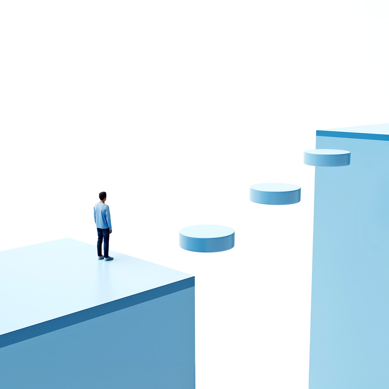 Conceptual image of a person in a blocky 3D environment, standing at the edge of a chasm with floating disks forming a walkway across.