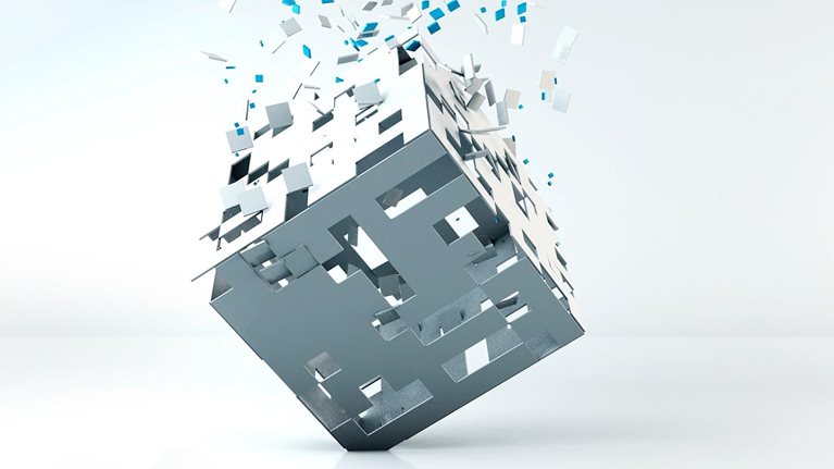 An animated 3d cube, which is initially white, spinning and transforming to blue, with small white square pieces of it flying off and up and blue squares coming down and replacing them.