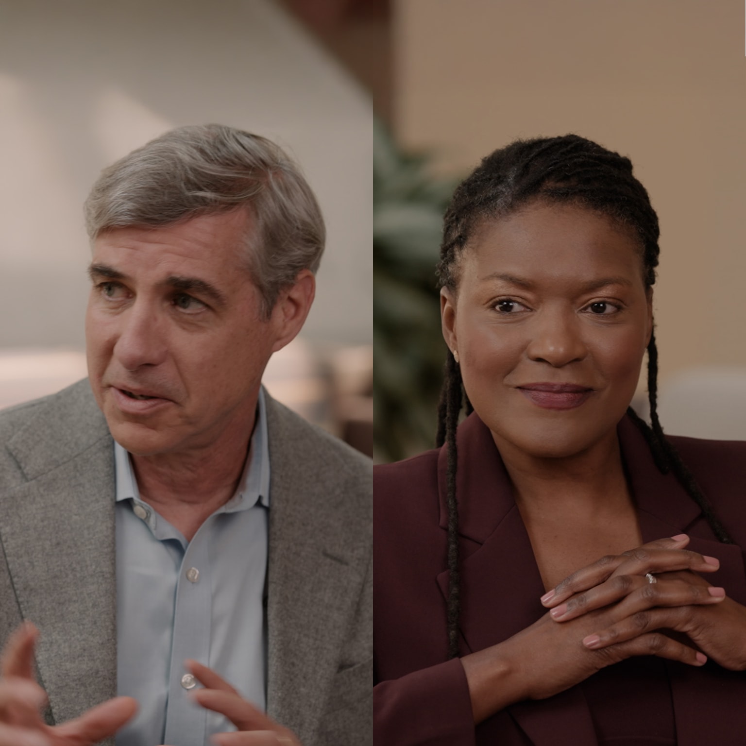Stills from a video interview with Mastercard President and Chief Technology Officer Ed McLaughlin and Executive Vice President of People and Capability for Technology Charman Hayes