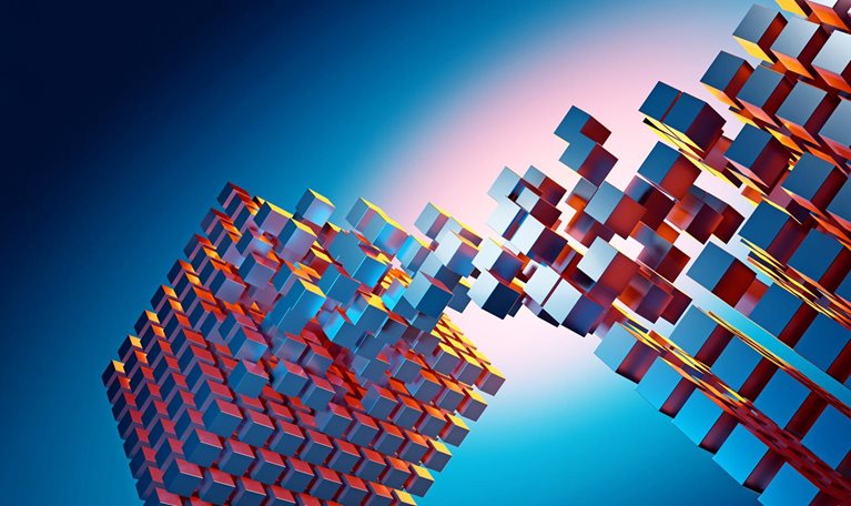 Two three-dimensional cubes made up of smaller cubes are swapping pieces, resulting in an arch connecting the two larger structures.