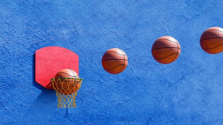 Image sequence of 4 basketballs flying through the air and going into a hoop.