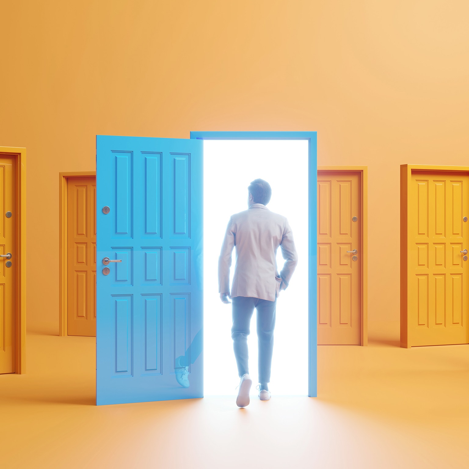 Man choosing blue colored door between lots of doors and choices. 