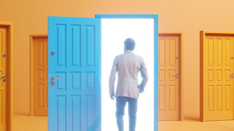 Man choosing blue colored door between lots of doors and choices.