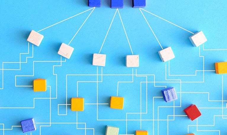 An organization chart constructed from wooden blocks that are linked together with delicate white lines. At the uppermost level of the chart, there are three blue blocks that connect to six white blocks. These white blocks then link outwards to form a larger network of blocks in varying shades of orange, red, and blue.