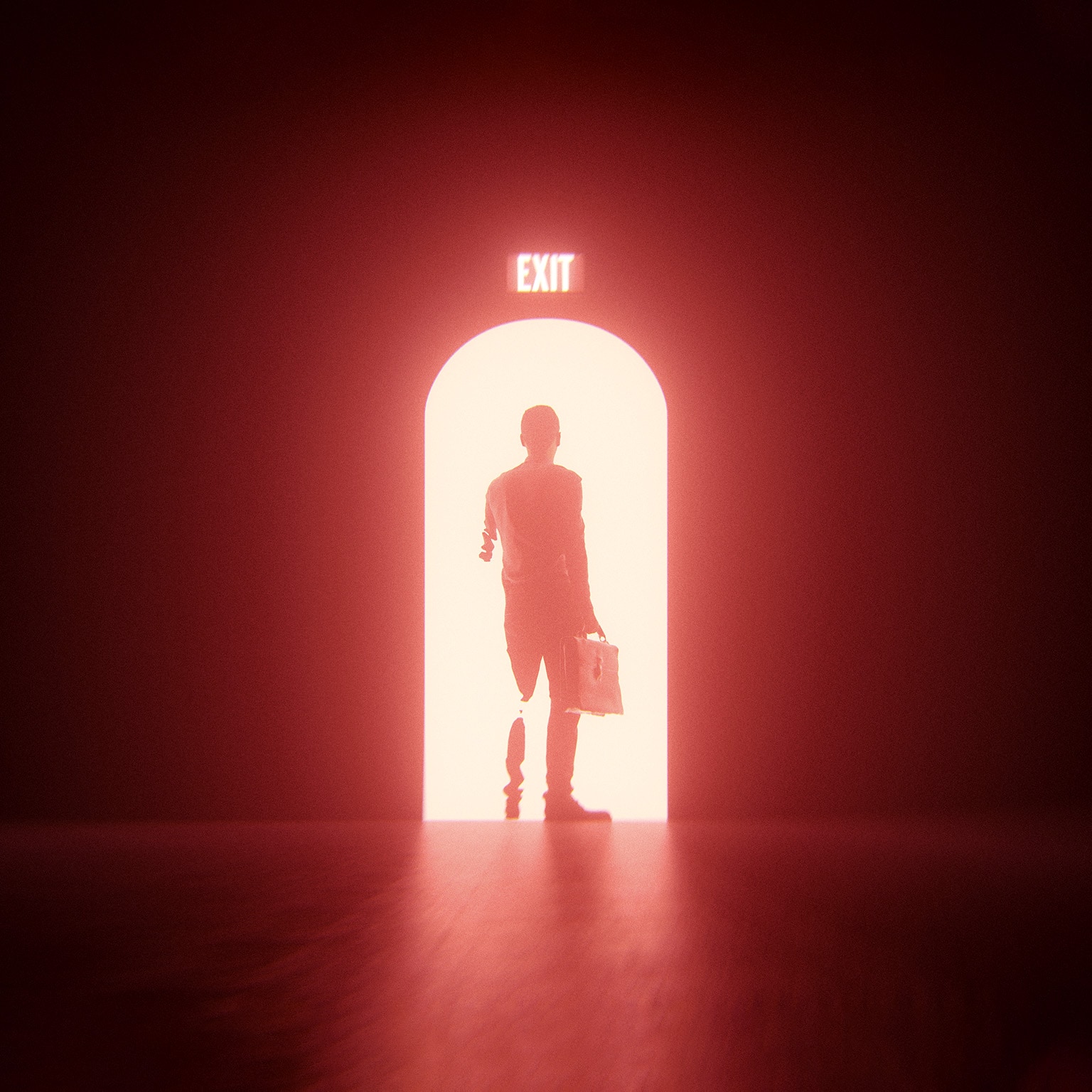 Image of a silhouetted businessman leaving through a brightly lit doorframe.