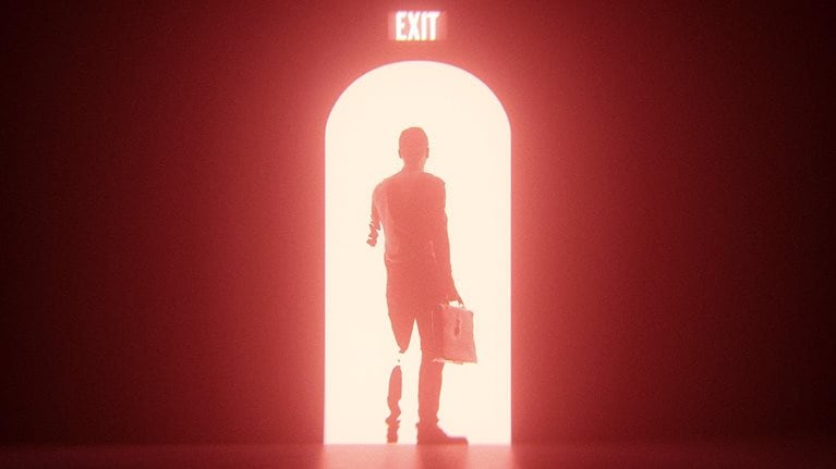 Image of a silhouetted businessman leaving through a brightly lit doorframe.