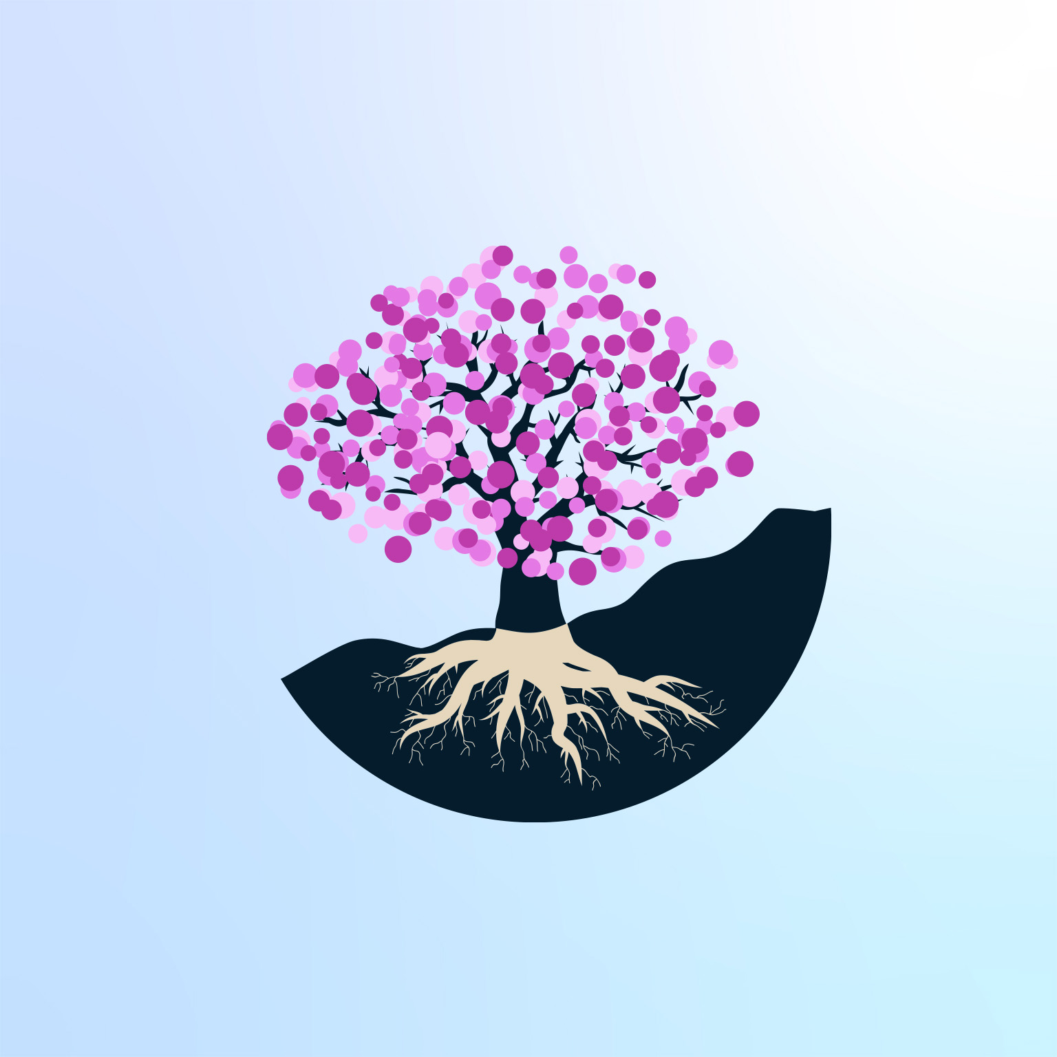 Vector illustration of a tree with blossoms and roots going into the ground.