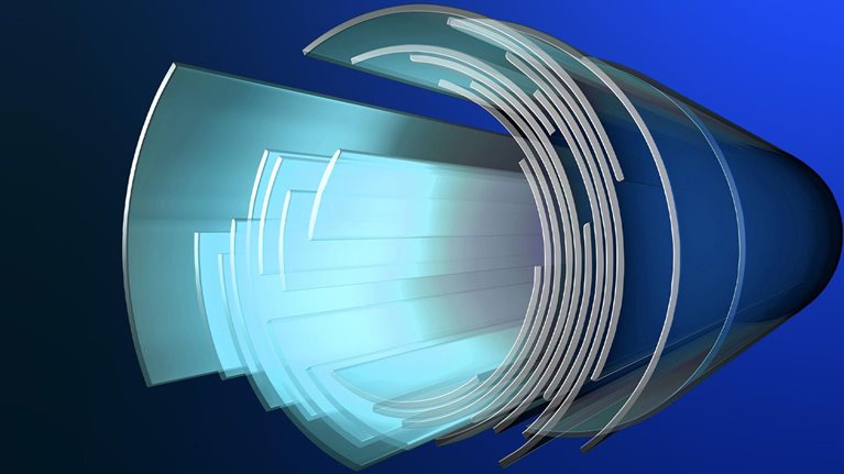 A futuristic-looking abstract image featuring concentric layered semicircles expanding forward toward the viewer.