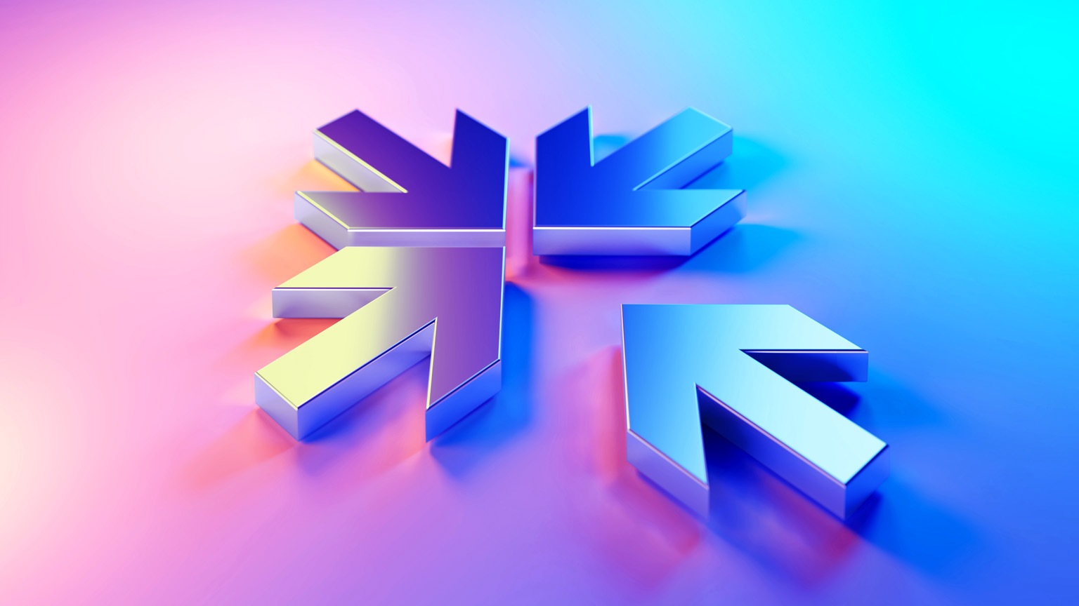 Four metallic arrows, pointing inward, creating a snowflake like shape. The arrows are rendered in a gradient of purple and blue, giving a modern, almost holographic effect. 