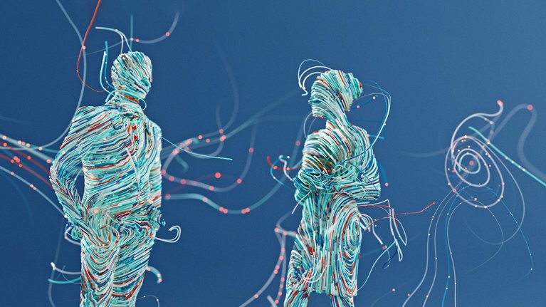 A man and woman in office attire made out of flowing digital wires. Additional wires with glowing data points swirl around them.