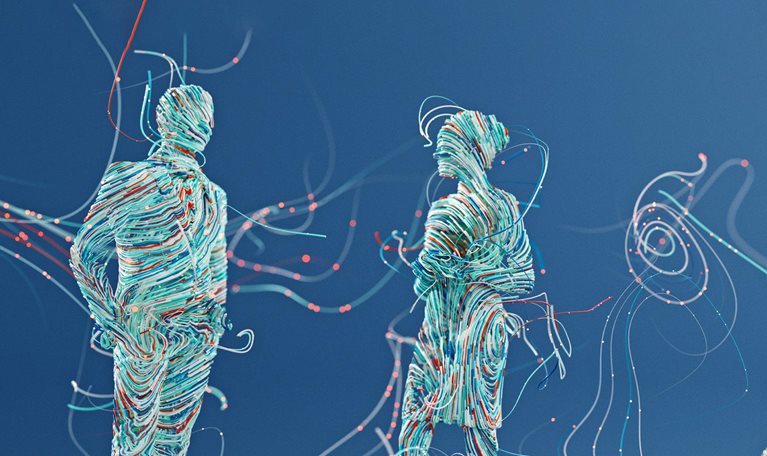 A man and woman in office attire made out of flowing digital wires. Additional wires with glowing data points swirl around them.