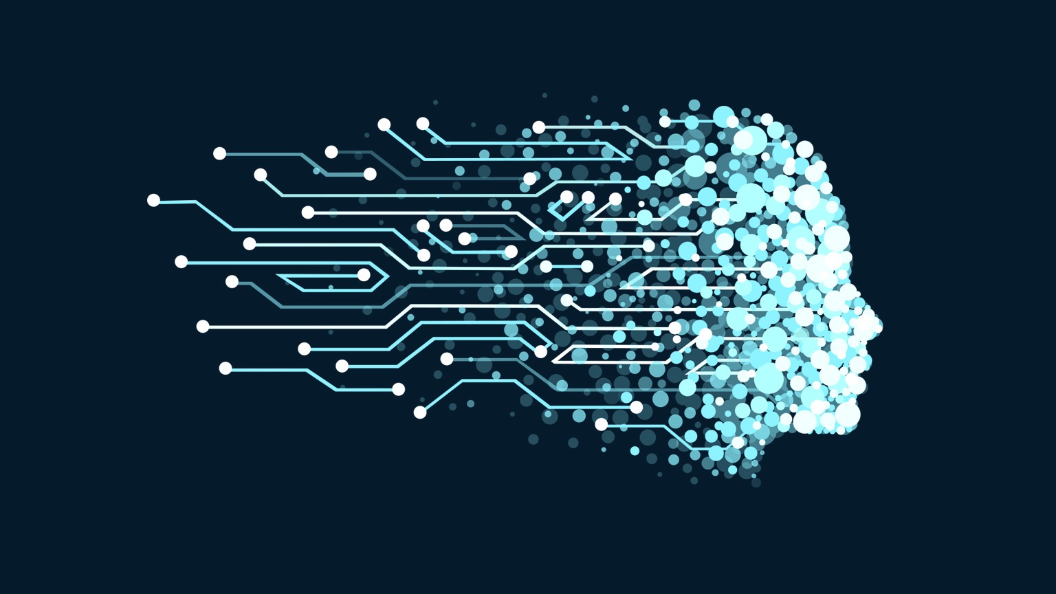 A illustration of a face made of digital particles as symbol of artificial intelligence 