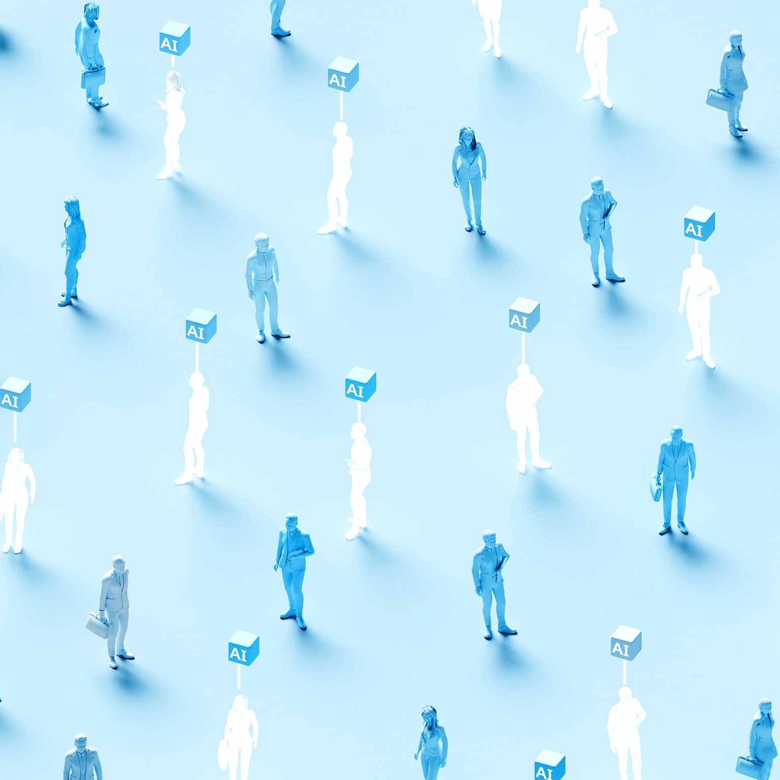 Pattern of blue and white human figures spaced apart, some marked with “AI” labels above them.