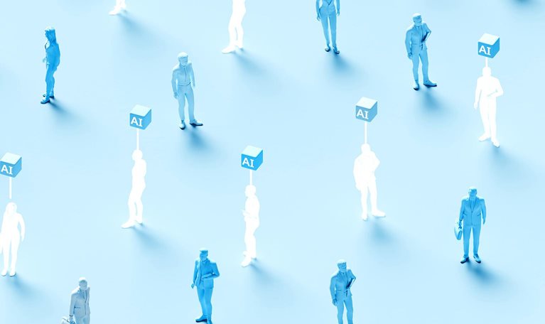 Pattern of blue and white human figures spaced apart, some marked with “AI” labels above them.