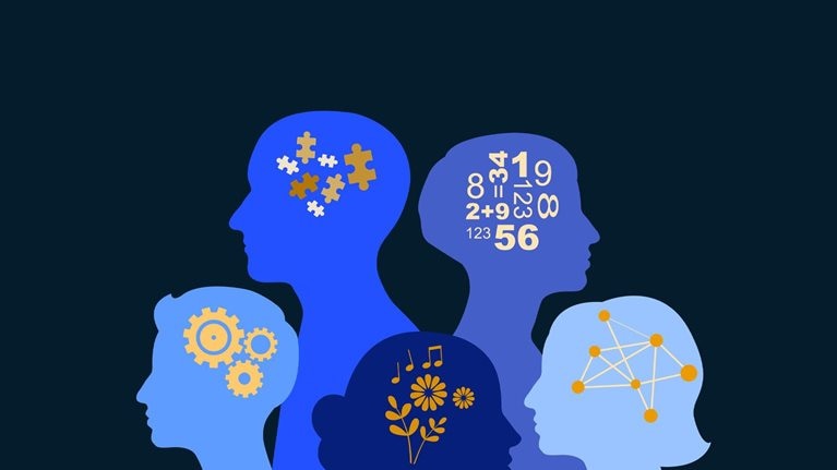 Illustration of five heads in profile, each containing a distinct abstract symbol that represents varying thought processes.