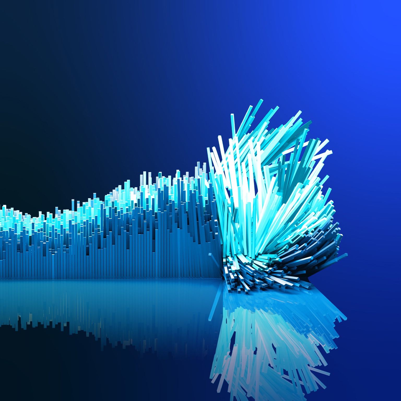 An 3D image of a bar graph exploding forward at an inflection point.