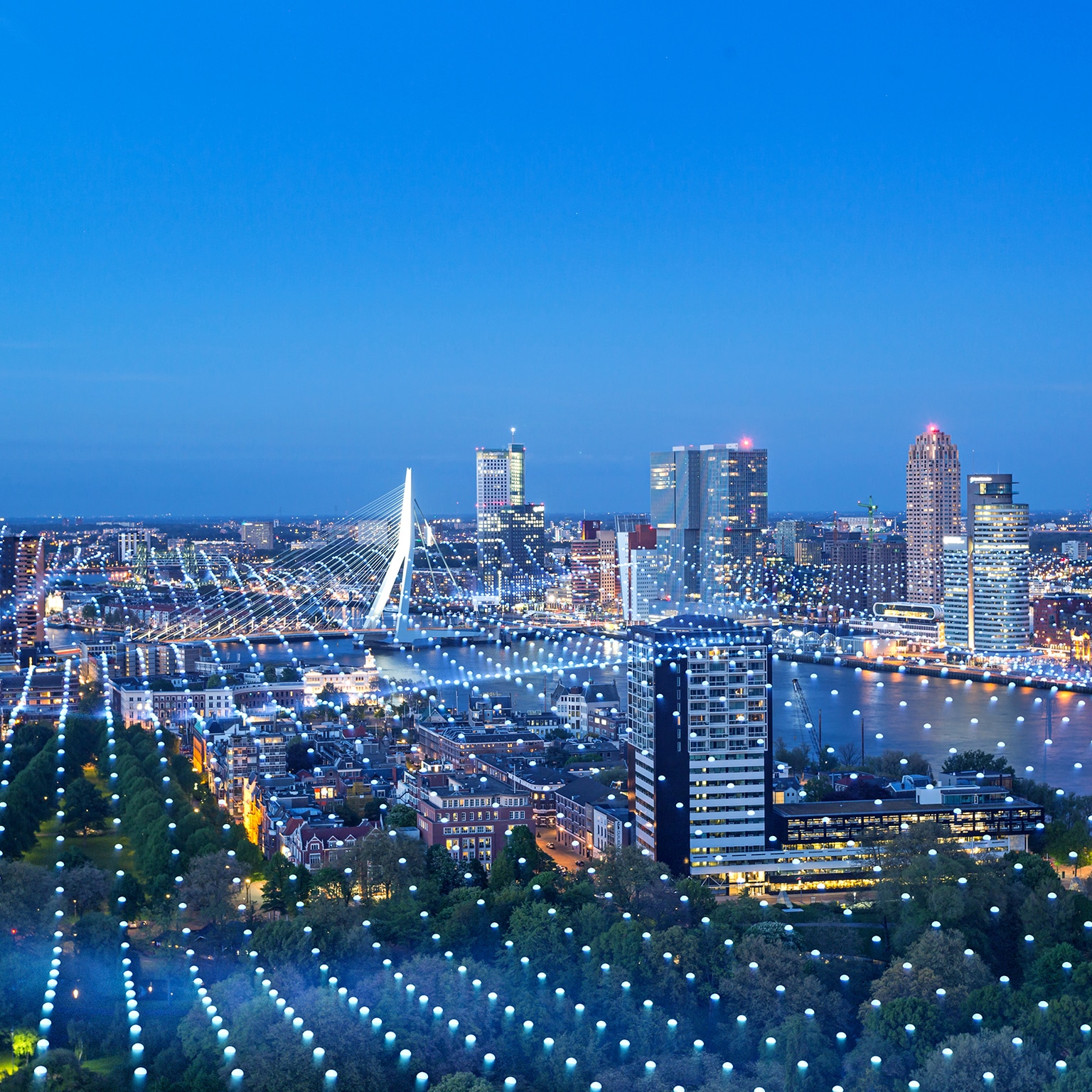 Cityscape with abstract particles covering ground and buildings