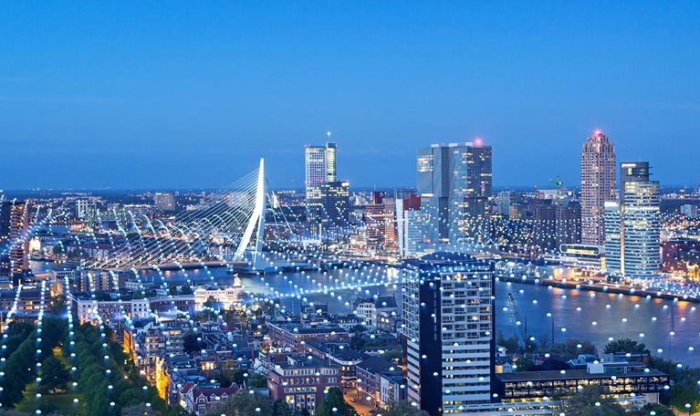 Cityscape with abstract particles covering ground and buildings