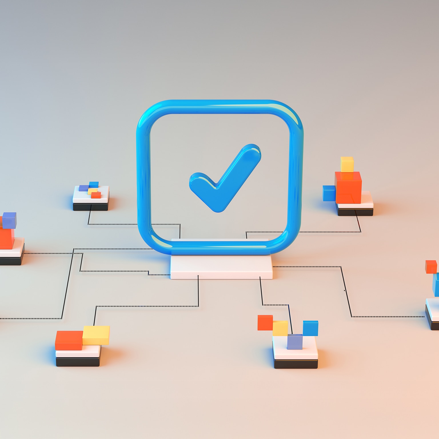 A clean, abstract illustration shows a central blue checkmark connected to smaller platforms, symbolizing how AI tools increasingly influence what consumers choose to buy.