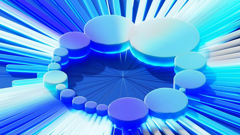 Abstract circular arrangement of glowing shapes with radiating blue light beams.