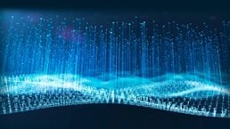 Abstract image of binary big data wave with information vertical line dots.