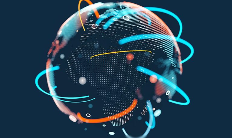 Earth represented by little dots and curved lines - big data, global business, cryptocurrency 3D render