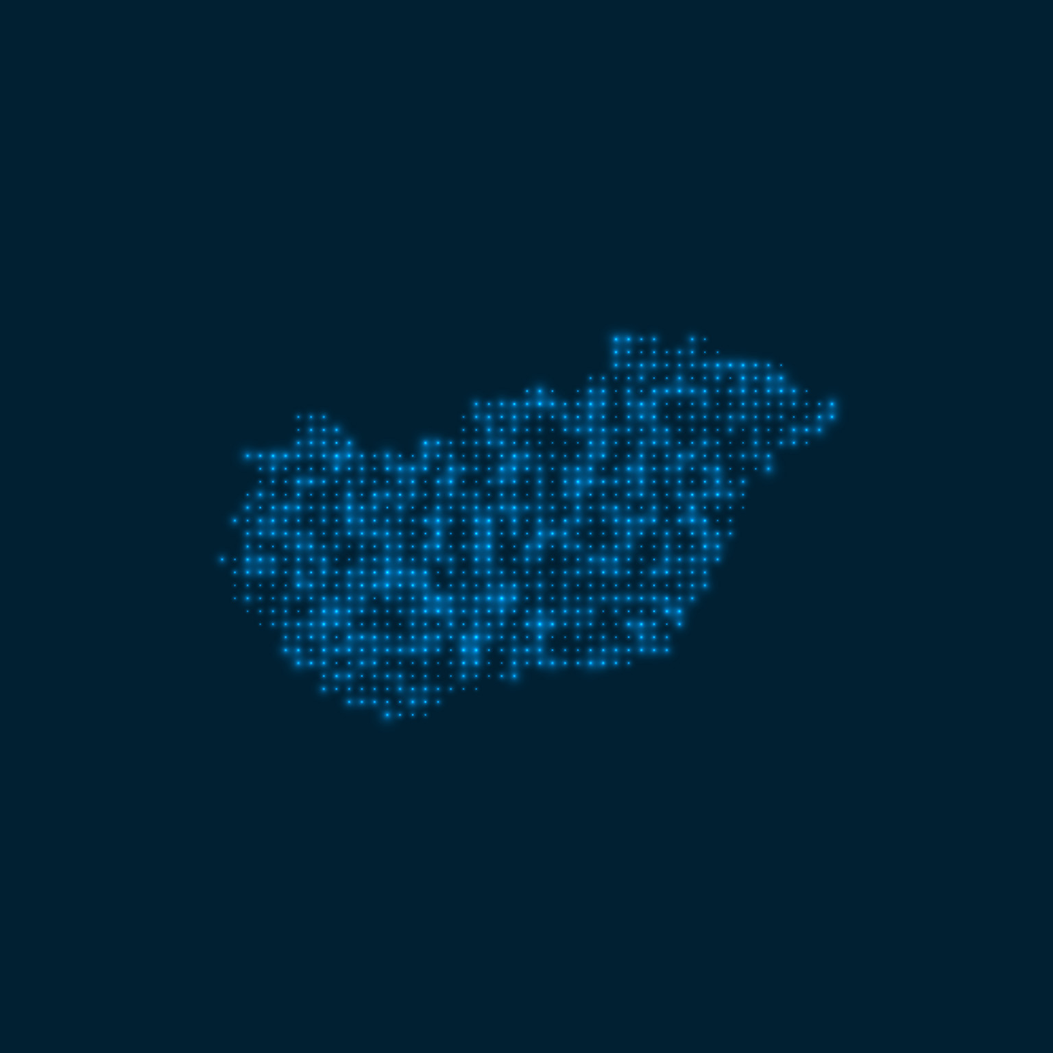  Hungary dotted glowing map. Shape of the country with blue bright bulbs.