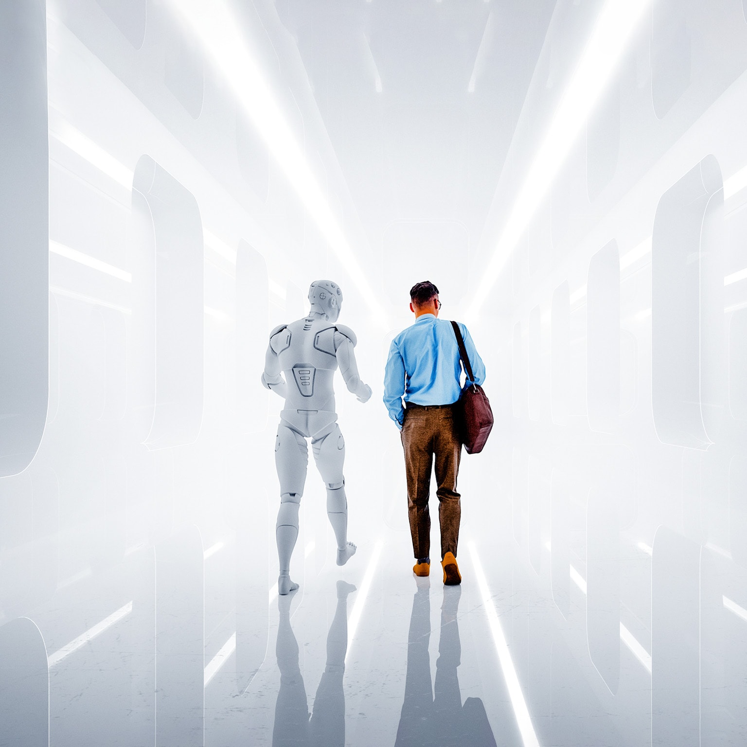 A man dressed in business-casual attire walks side by side with a humanoid robot down a futuristic corridor. The pair are viewed from behind, walking away from the viewer into the brightly lit space.