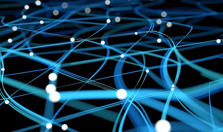 Computer Neural Network Concept Image. Bright dots connected by glowing lines.