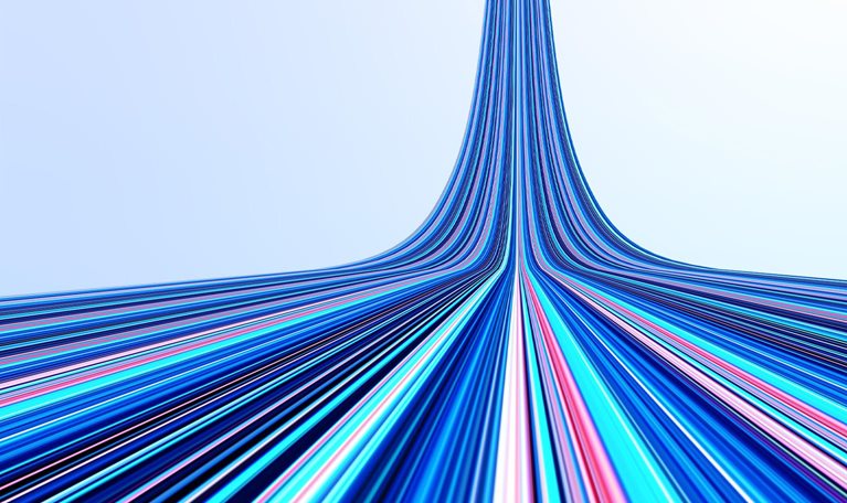 Abstract image of colorful digital lines coming down and spreading forward like a highway.