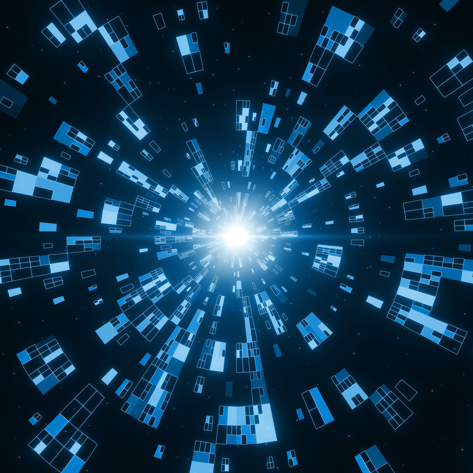 A radial composition of data blocks depicting the compression and movement of structured data within a virtual space, creating a visual metaphor for information flow, processing or transmission across networks