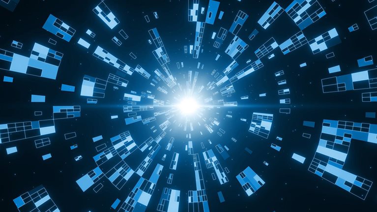 A radial composition of data blocks depicting the compression and movement of structured data within a virtual space, creating a visual metaphor for information flow, processing or transmission across networks