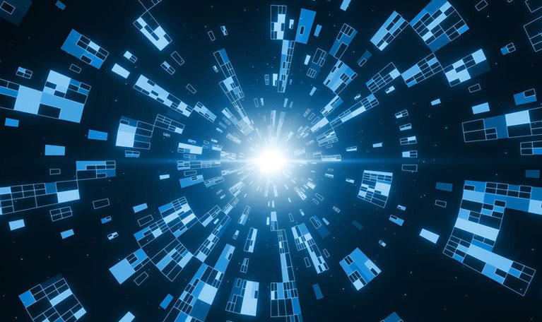 A radial composition of data blocks depicting the compression and movement of structured data within a virtual space, creating a visual metaphor for information flow, processing or transmission across networks
