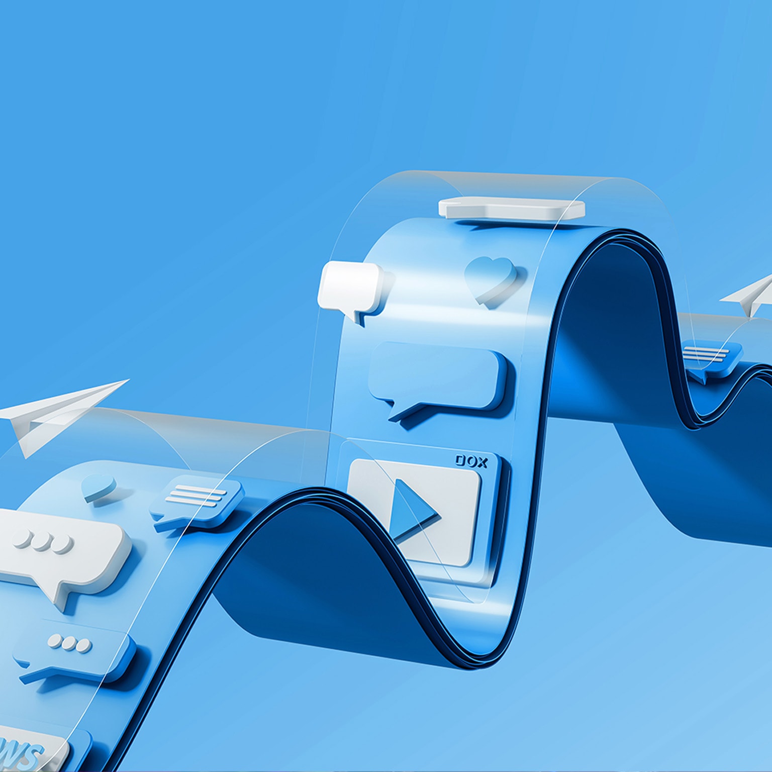 Social media communication concept with speech bubbles, hearts, and paper planes on a wavy blue structure. Futuristic digital interaction design.