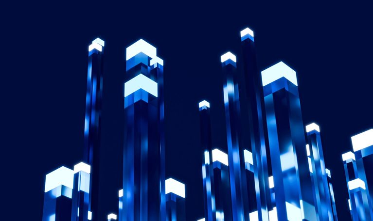 Abstract blue illuminated pillars rising against a dark background