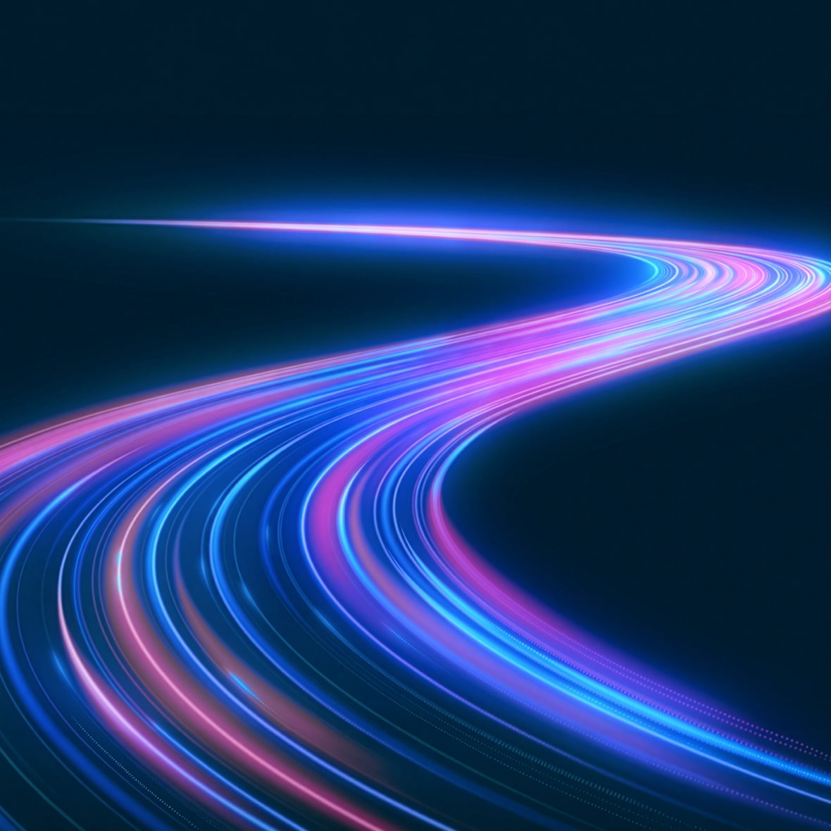 Glowing blue, purple, and pink light trails curve through a dark blue space, forming a sweeping path that winds toward the horizon, suggesting acceleration, technological progress, or the evolving direction of AI.