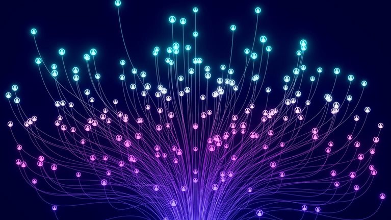 Curved lines rise from a single point and split into dozens of strands, each ending in a person icon