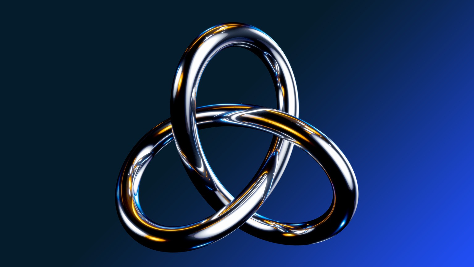 A spinning gold trefoil knot against a black background. 