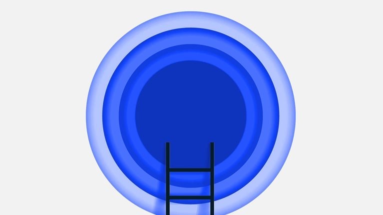 A portal constructed from stacked circles is visible against a light gray background. A ladder is propped against the central circle.