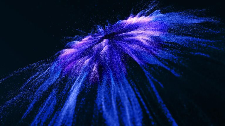Abstract streams of glowing blue and purple particles radiate outward across a dark background.