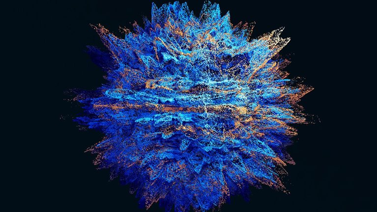 Abstract 3D illustration of thousands of glowing blue and orange particles forming a dense, spiky, cloud-like shape with jagged peaks and radiating strands against a black background.