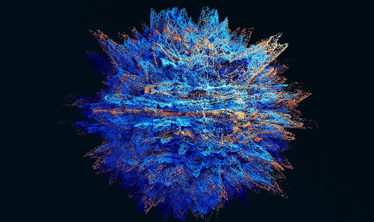 Abstract 3D illustration of thousands of glowing blue and orange particles forming a dense, spiky, cloud-like shape with jagged peaks and radiating strands against a black background.