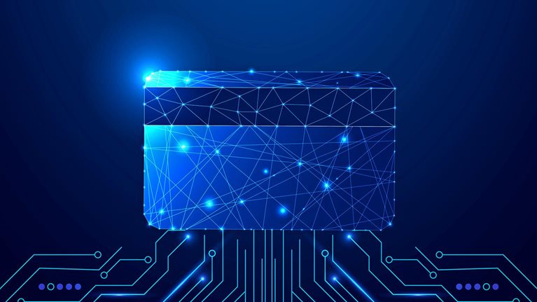 The image depicts a digital wireframe credit card connected to a glowing blue circuit board, representing online payments, fintech, and cybersecurity.