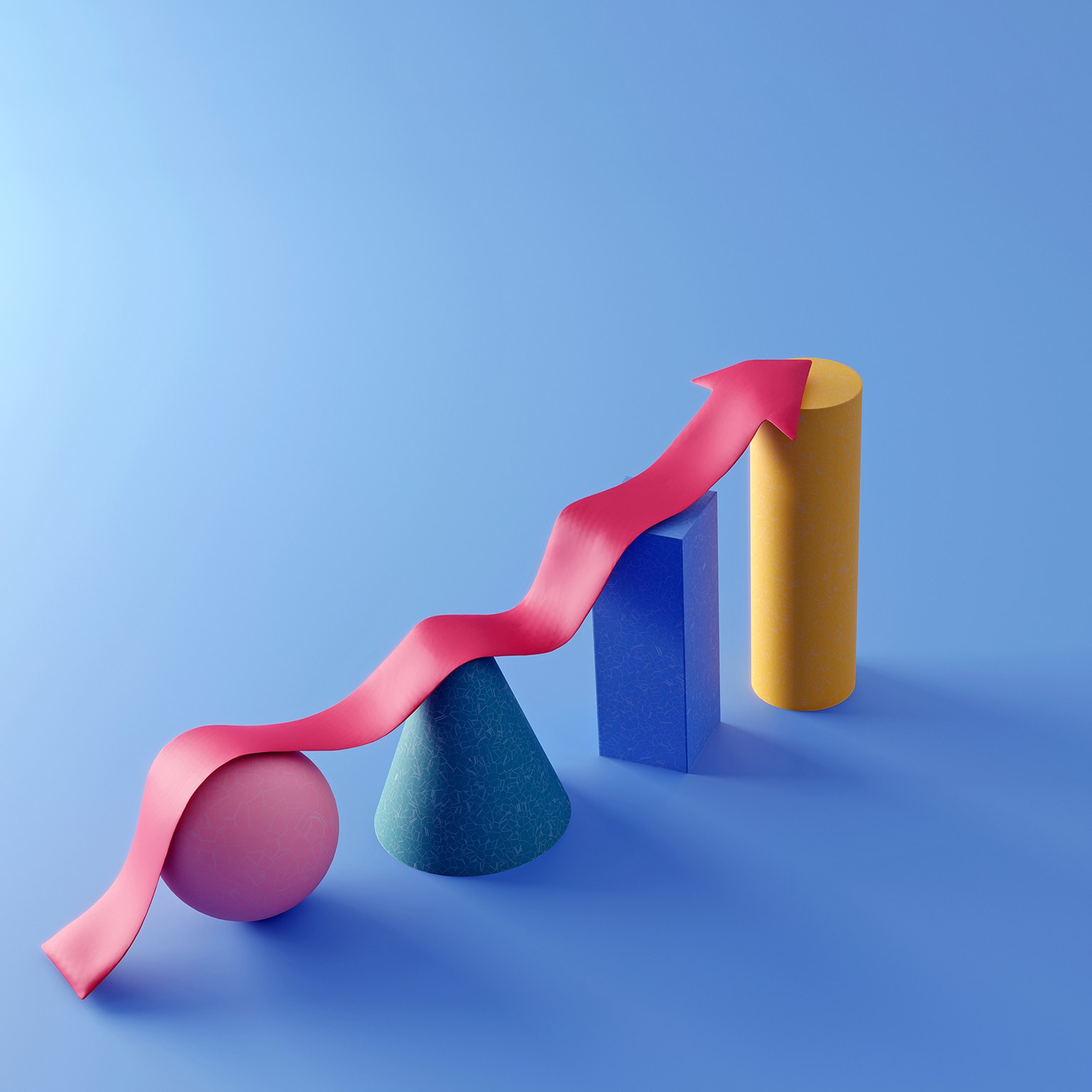Rising arrow shape on multi-colored sphere, cone, box and cylinder, symbolizing financial graph